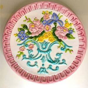 Vtg Multicoloured Embossed Floral 10.25” Ceramic Wall Art Plate with Pink Border